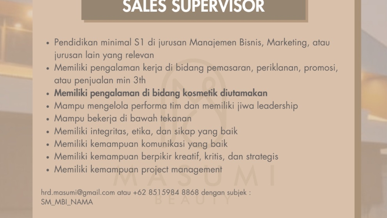 Lowongan Sales Supervisor - Masumi Beauty Indonesia