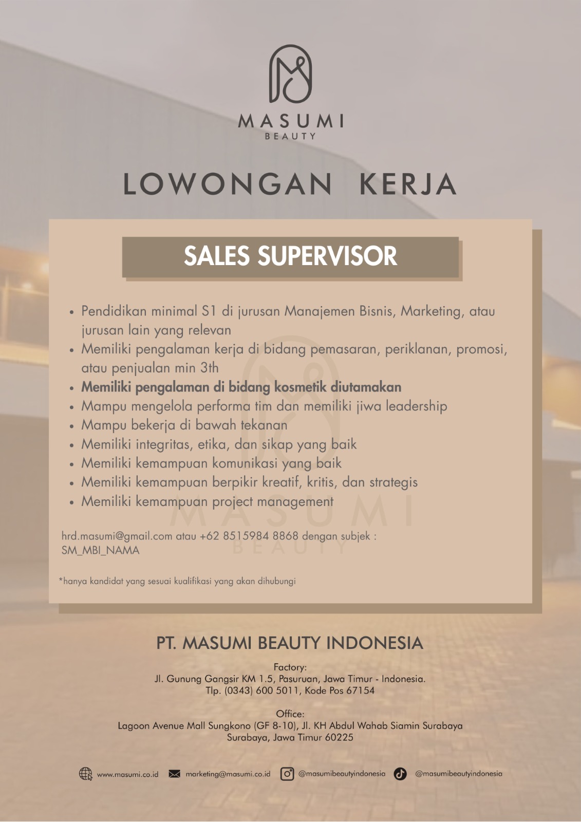 Lowongan Sales Supervisor - Masumi Beauty Indonesia