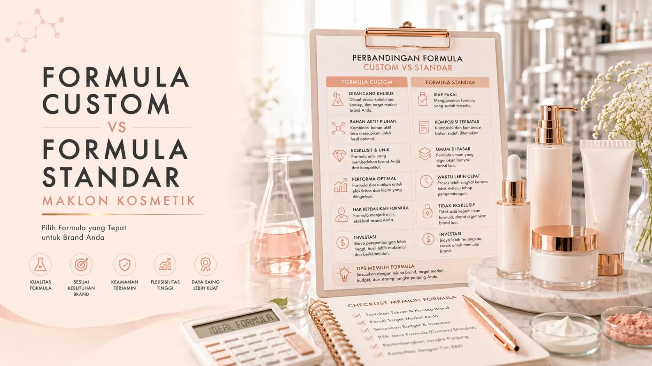 Perbandingan formula custom dan formula standar maklon kosmetik untuk membantu pemilik brand memilih formulasi yang sesuai dengan kebutuhan bisnis.